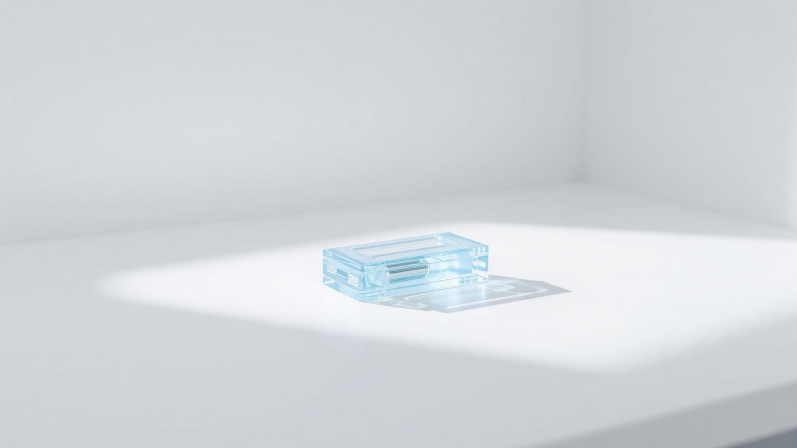 A small transparent blue microfluidic device on a bright white studio surface