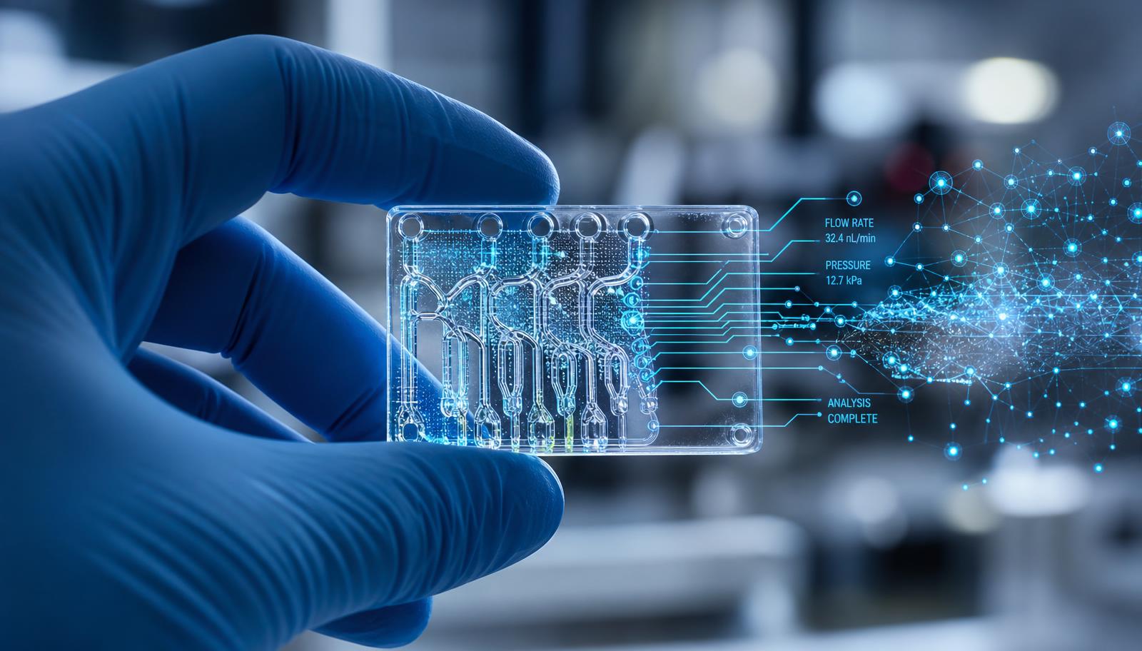 A microfluidics chip held in a gloved hand with glowing AI-driven data overlays